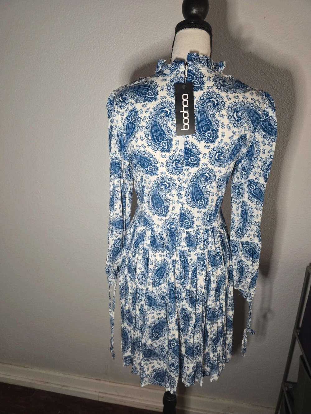Boohoo Blue Paisley Ruffled High Neck Long Sleeve Dress